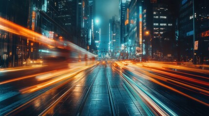 A vibrant city street at night with streaks of light from moving vehicles.