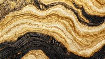 Abstract gold and black sulfur particles swirling together, forming a textured background with shadowed layers and soft shimmering highlights