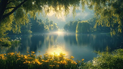 Fototapeta premium Serene lake surrounded by lush greenery and vibrant flowers under a golden sunrise.