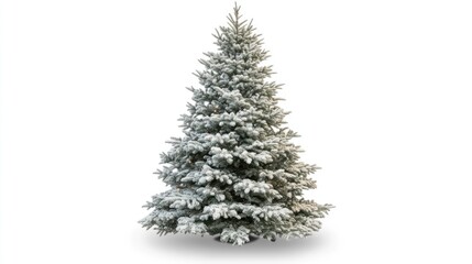 Christmas tree with snow-dusted branches and festive decorations, standing tall on a white background