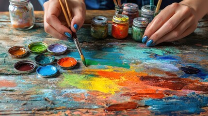 Fototapeta premium Close-up of hands painting Easter eggs in vibrant colors, brushes and paint jars surrounding the workspace on a wooden table