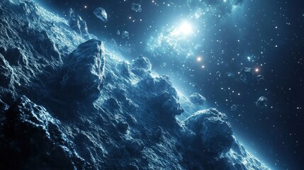 Fototapeta premium A stunning depiction of an asteroid field in space, highlighting celestial bodies and cosmic beauty.