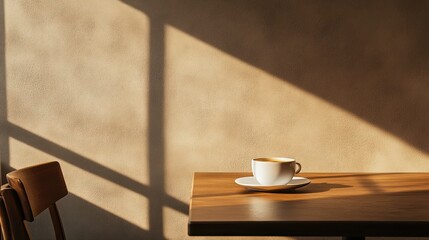 Coffee cup on wooden table in sunlight.