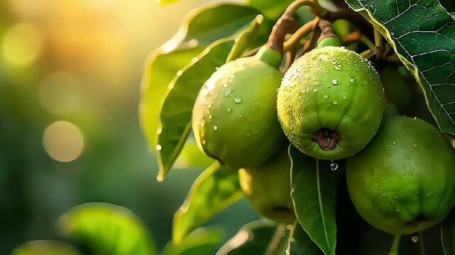 Green guavas on trees