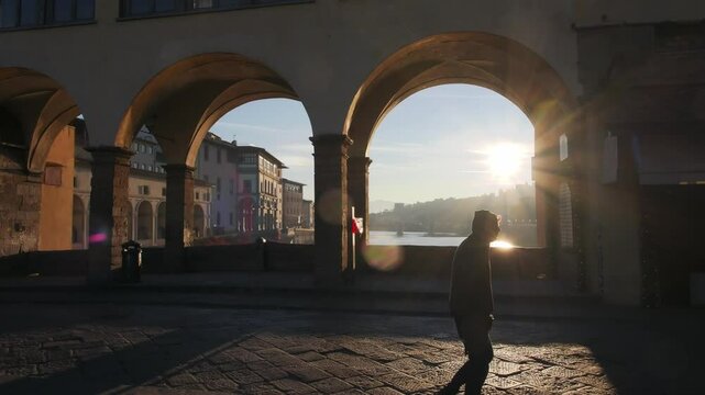 Morning view of River Arno and Ponte Vecchio in Florence, Italy