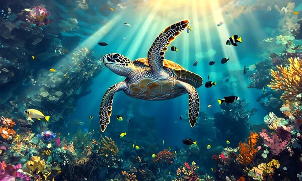 A serene underwater scene featuring a turtle swimming amidst colorful marine life.