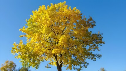 A linden tree with bright yellow foliage under a clear blue autumn sky.