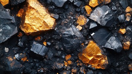 A close-up view of dark rocks interspersed with shiny golden minerals.