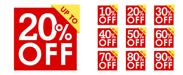 Sale tags set vector badges template, up to 10, 20, 30, 40, 50, 60, 70, 80, 90 percent off, vector illustration isolated on white background. Price off tag icon flat design collection set.