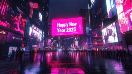 A vibrant urban scene celebrating New Year 2025 with neon lights and a festive atmosphere.