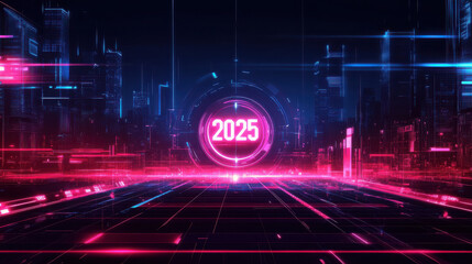 Futuristic digital landscape featuring the year 2025 in neon colors.