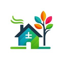 Simple, minimalist, and colorful logo of a house and tree symbolizing environmental friendliness on a white background.