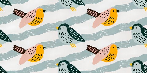 Hand drawn seamless pattern with hand drawn cute birdhouses and cute birds on white background, concept bird protection, bird day, spring arrival, for printing on packages and fabric.
