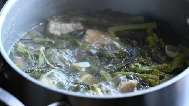 Northern Thai food (Pak Kad Jor), Sour soup Thai flowering bok choy with pork, Homemade cooking