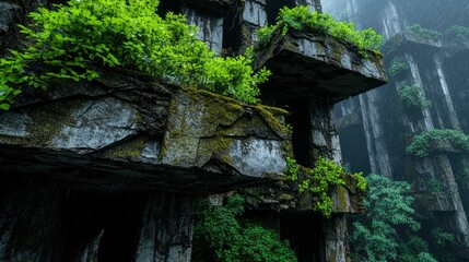 Overgrown Ruins of a Concrete Structure in Lush Greenery