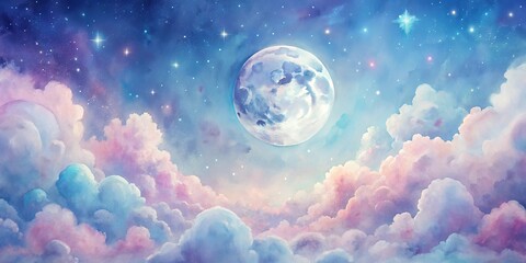 Obraz premium Dreamlike Celestial Scene A Full Moon Shines Brightly Above Soft, Pastel Clouds and a Starry Night Sky
