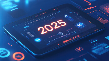 A futuristic tablet displaying the year 2025 with digital interfaces and data elements.