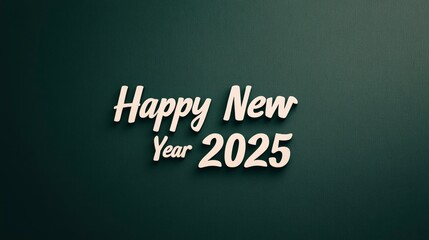 Coral pink "Happy New Year 2025" over a teal background, featuring simple white floral accents.