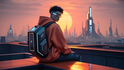 Cyberpunk Sunrise: Futuristic Urban Explorer in Vibrant Orange Glow