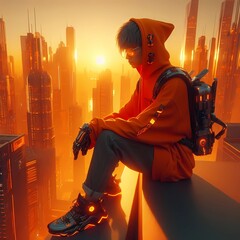 Cyberpunk Sunrise: Futuristic Urban Explorer in Vibrant Orange Glow