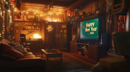 Cozy living room decorated for New Year's celebration with festive lights and decorations.