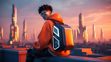 Cyberpunk Sunrise: Futuristic Urban Explorer in Vibrant Orange Glow