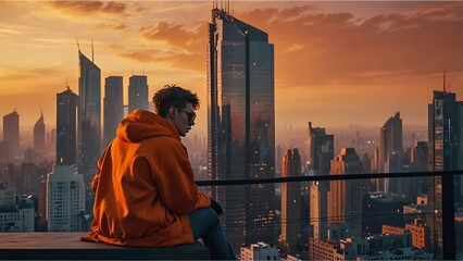Cyberpunk Sunrise: Futuristic Urban Explorer in Vibrant Orange Glow