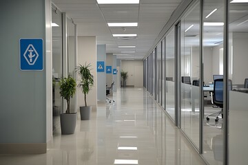 Modern office corridor with glass walls and signage, featuring plants and workspaces.