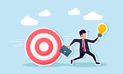 A businessman carrying a lamp runs while chased by a rolling target board, illustration of being pursued by targets in designing a relevant business idea and innovation