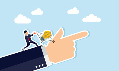 A businessman pushes a cart with a lit lamp on a hand pointing in a direction, illustration of guidelines for designing a business idea and innovation
