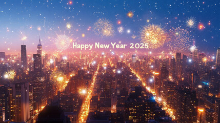 Fototapeta premium A vibrant city skyline illuminated by fireworks, celebrating New Year 2025.