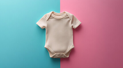 A soft neutral-colored onesie on a pastel gradient backdrop, ideal for baby clothing ads, nursery decor, or baby shower invitations.