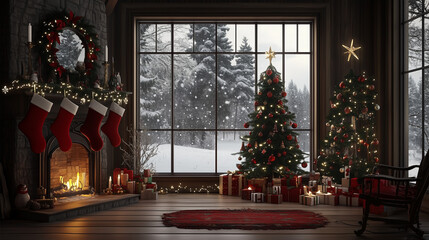 Fototapeta premium Cozy Christmas Eve by the Fireplace: Festive Decor, Sparkling Lights, and Winter Wonderland View
