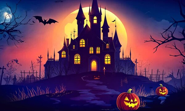 A spooky Halloween scene featuring a haunted house, bats, and jack-o'-lanterns under a full moon.