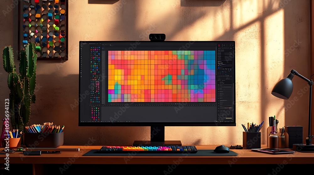 Poster a vibrant workspace featuring a computer displaying a color palette, surrounded by stationery.
