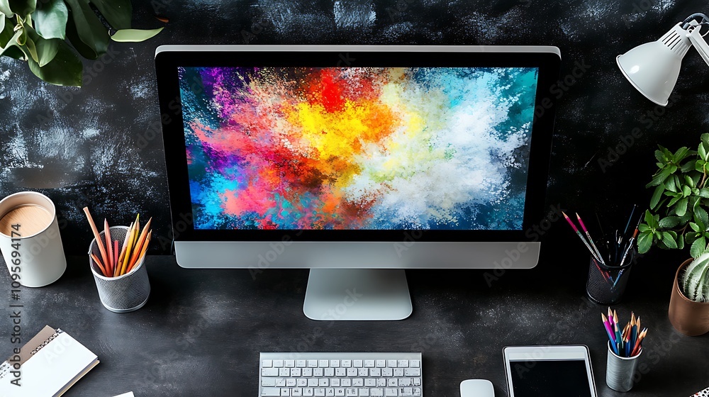 Poster a modern workspace featuring a colorful computer display and organized desk items.