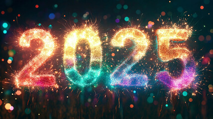 2025 New Year Celebration fireworks typography text luminous vibrant bokeh photograph