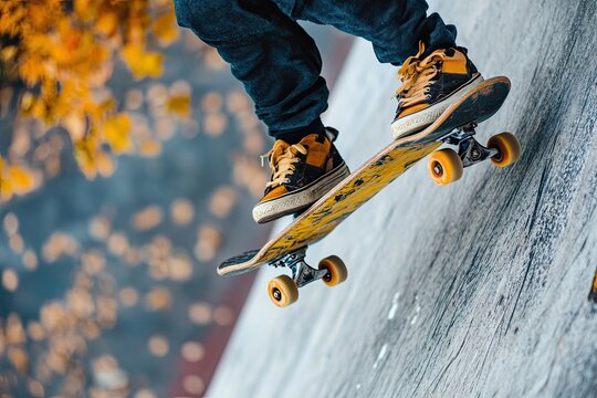 Front view of a skateboarder performing a trick on a ramp close-up of the skateboard in mid-air