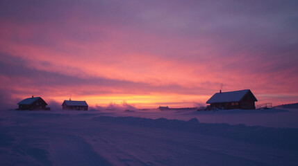 scenic winter sunset landscape with silhouetted cabins in the snow