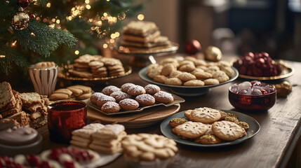 Fototapeta premium christmas cookies and treats on a table with a decorated christmas tree in the background