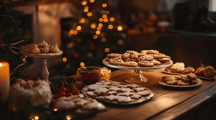 christmas cookies on wooden table with warm lighting  and a christmas tree in the background