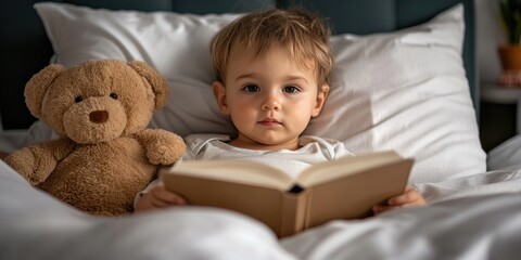 Fototapeta premium A young child sits in bed, reading a book with a teddy bear beside them, evoking a cozy and imaginative atmosphere.