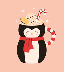 Christmas cup with hot chocolate and candy cane. Flat vector illustration.