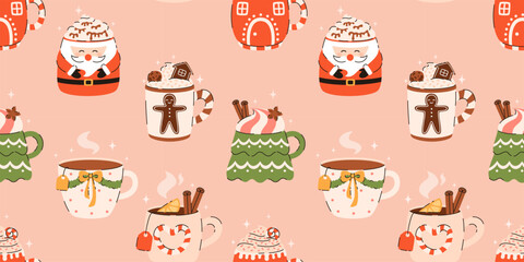 Seamless pattern with the image of Christmas drinks. Hot chocolate, cocoa, lemon tea, marshmallows, cinnamon, spices. Flat vector illustration.