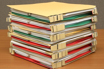A stack of organized folders with various colored covers, likely containing documents.