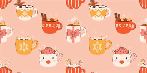 Seamless pattern with the image of Christmas drinks. Hot chocolate, cocoa, lemon tea, marshmallows, cinnamon, spices. Flat vector illustration.