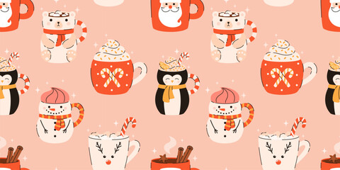 Seamless pattern with the image of Christmas drinks. Hot chocolate, cocoa, lemon tea, marshmallows, cinnamon, spices. Flat vector illustration.