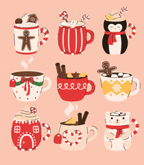 Set of Christmas drinks. Christmas cups of cocoa with marshmallows, hot chocolate, tea with lemon and cinnamon. Flat vector illustration.