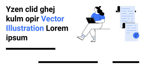 Woman sitting with laptop, placeholder text, large document with checkmark, and abstract lines. Ideal for websites, blogs, presentations, digital marketing, business reports, educational materials