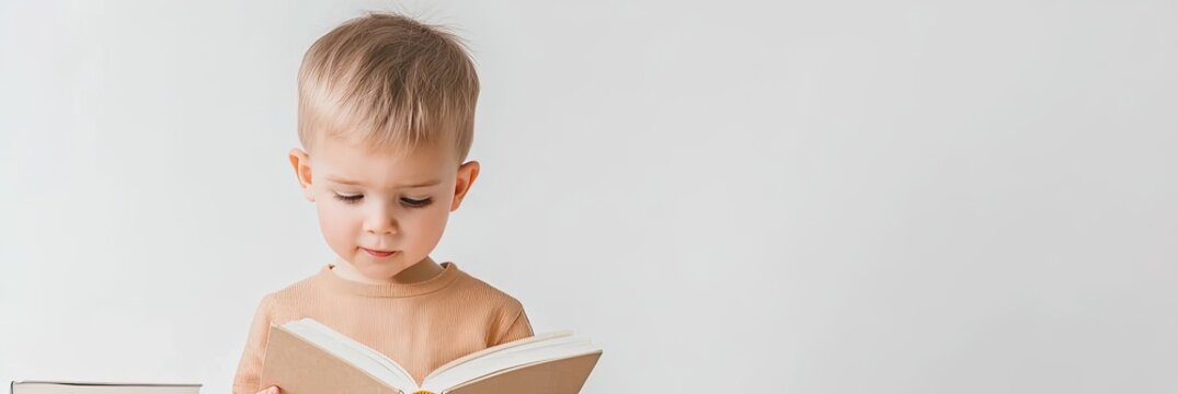 A young child reads a book with curiosity, showcasing the joy of learning and exploration in a simple, bright environment.